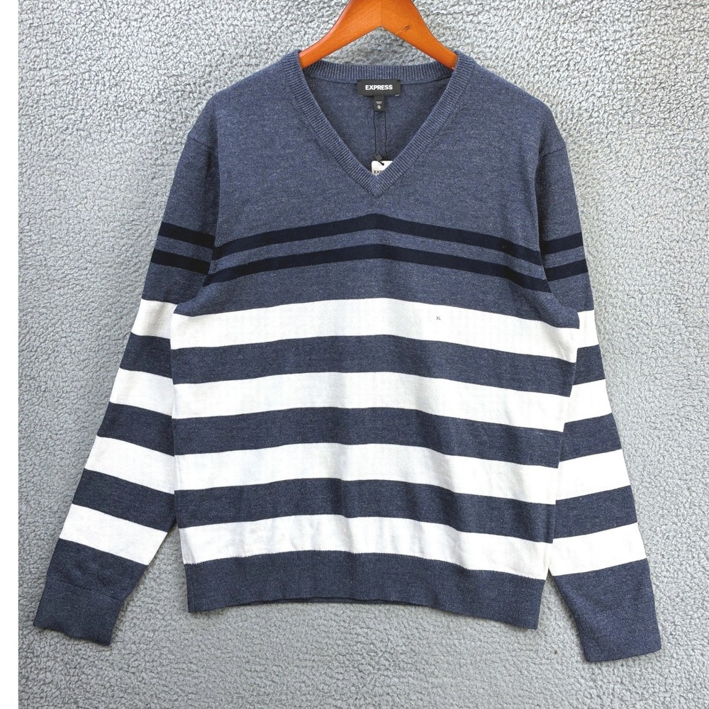 Express Striped V-Neck Sweater Mens XL Blue White Knit Preppy Pullover NWT